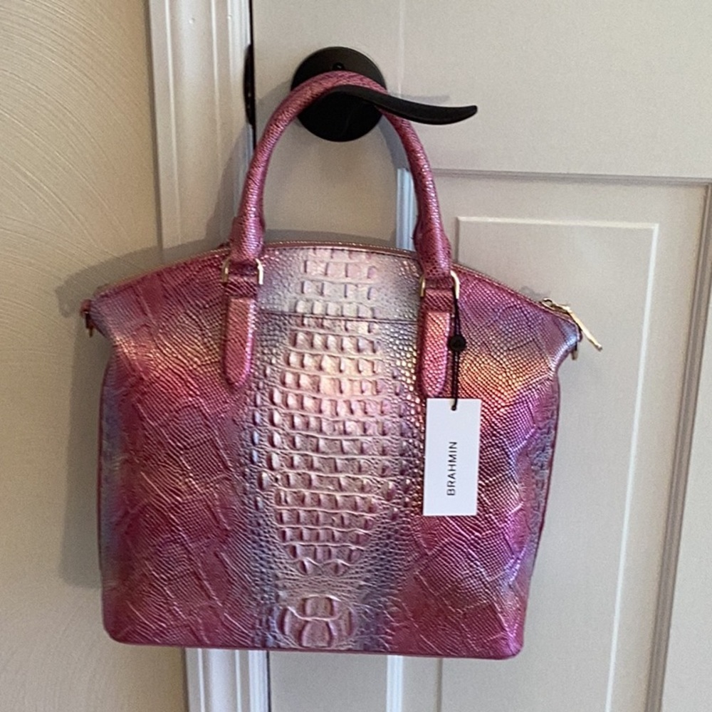 Brahmin Pink and Purple Satchel with Crocodile Texture - Picture 13 of 15